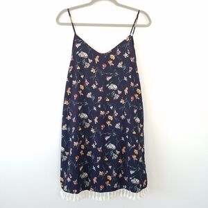 Mod Ref Sleeveless Tassel Trim Navy Floral Dress, M